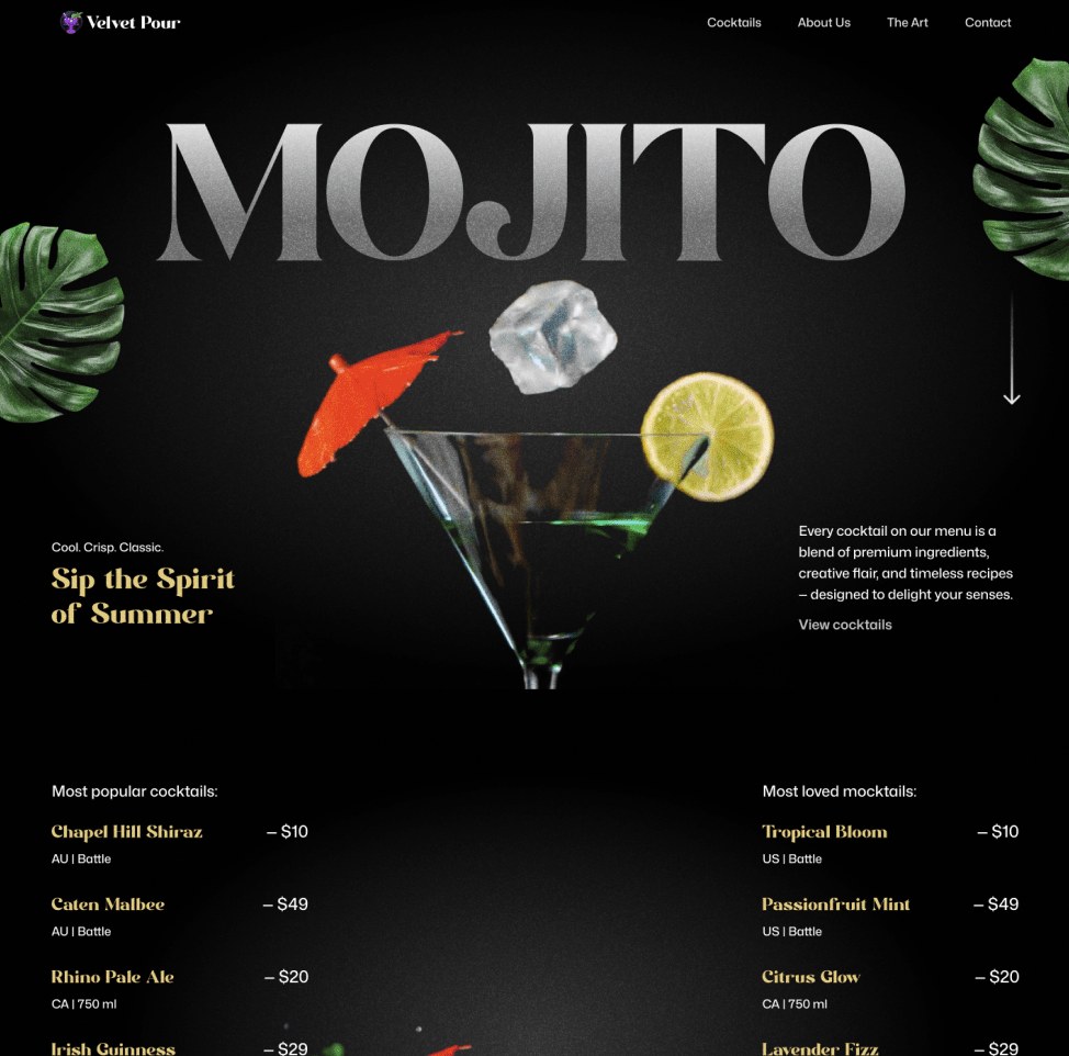 Velvet Pour — Cocktail Bar Website
